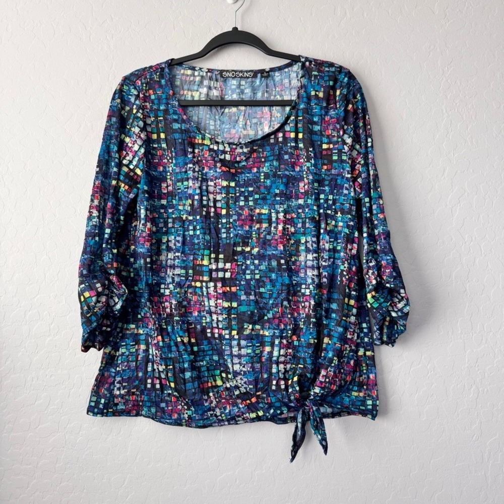 SnoSkins Small Blouse Multicolor 3/4 Sleeve Ruched Side Tie Geometric Pixel Top